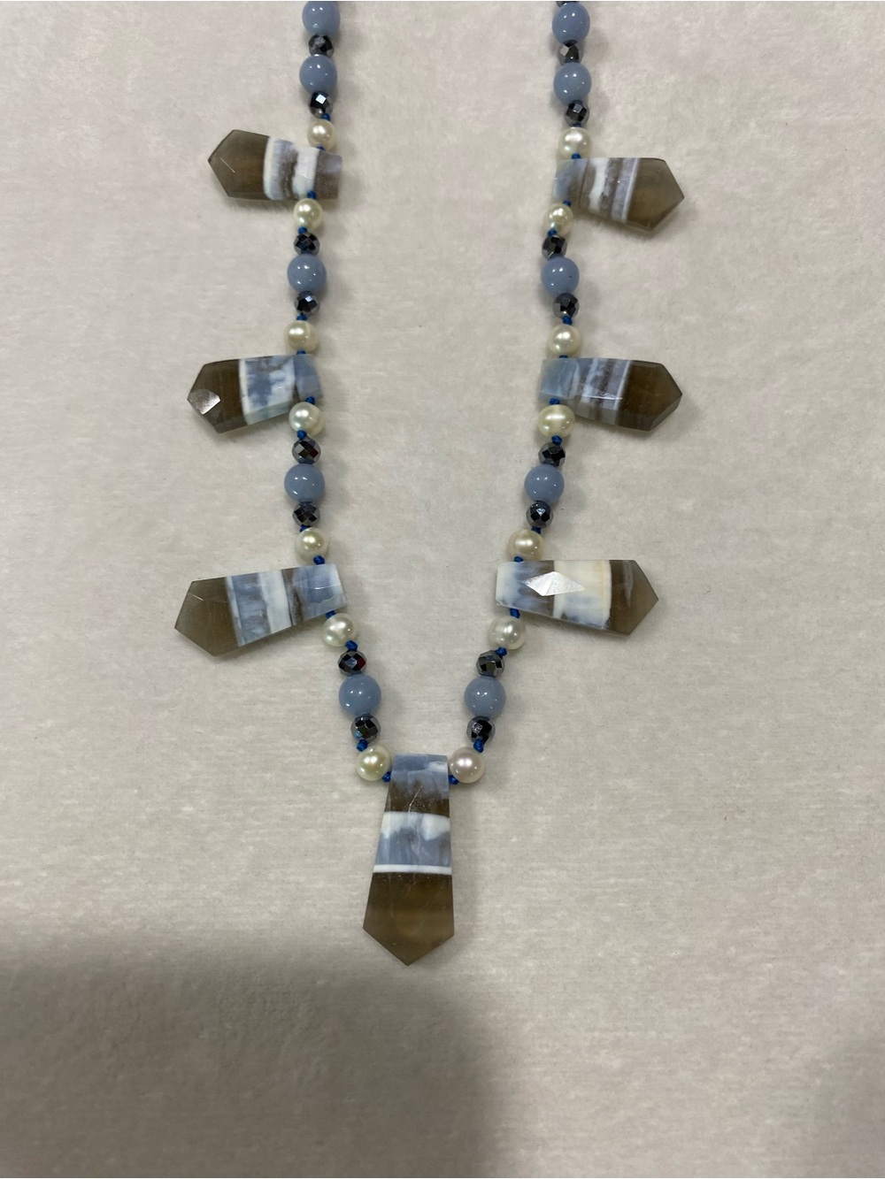 Sarda Banded Blue Opal, Angelite, Hematite and Pearl Necklace
